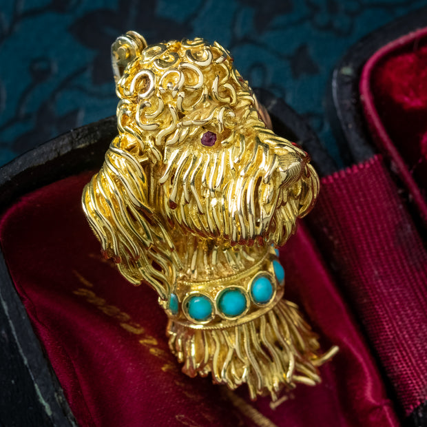 Vintage Poodle Dog Brooch 18ct Gold Turquoise Collar Ruby Eyes