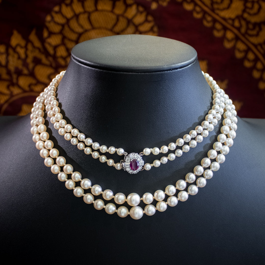 Ruby & Pearl Necklace, 20 Inch online Necklace, Double Strand, Pave Clasp, Gift for Her, Knottedup