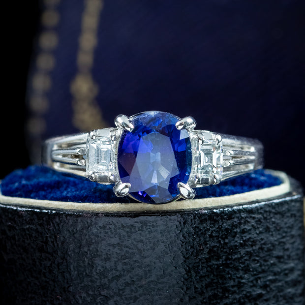 Edwardian Style Sapphire Diamond Trilogy Ring 1.65ct Sapphire
