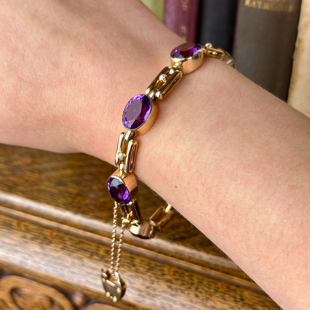 Antique Art Deco Amethyst Pearl Bracelet 9ct Gold With Heart Padlock