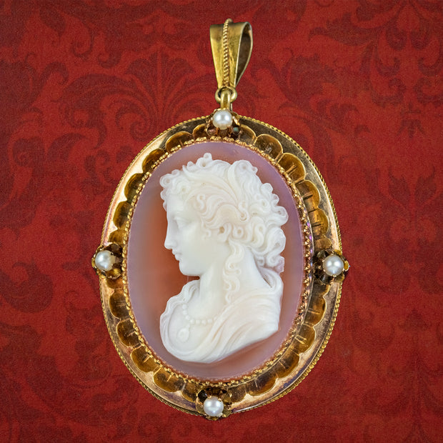 Antique Victorian Hardstone Cameo Pearl Brooch Pendant 18Ct Gold Circa 1860