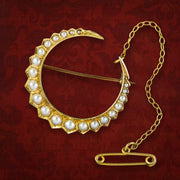 Antique Victorian Pearl Crescent Moon Brooch 18ct Gold