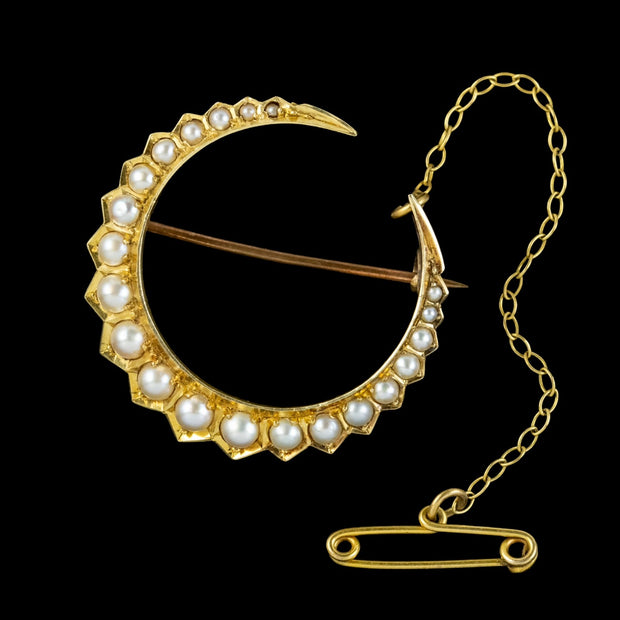 Antique Victorian Pearl Crescent Moon Brooch 18ct Gold
