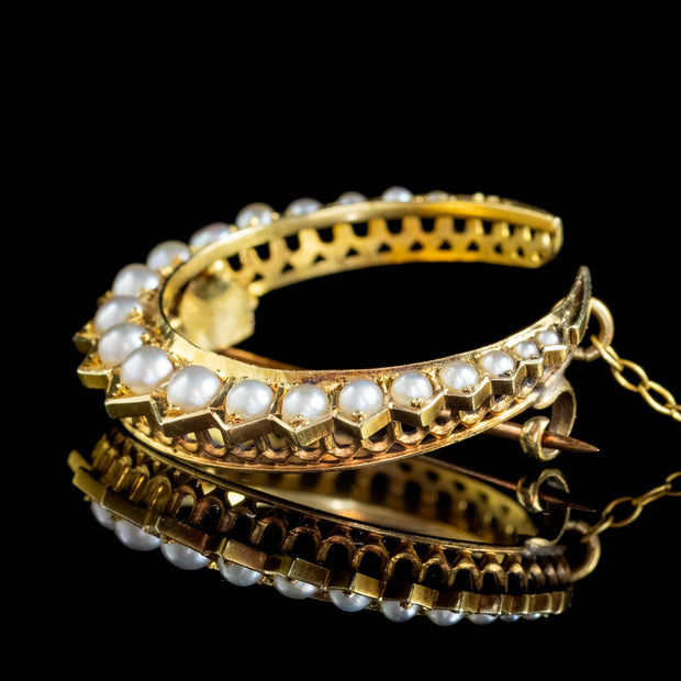 Antique Victorian Pearl Crescent Moon Brooch 18ct Gold