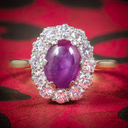 Antique Edwardian Star Ruby Diamond Ring 1.8ct Cabochon Ruby
