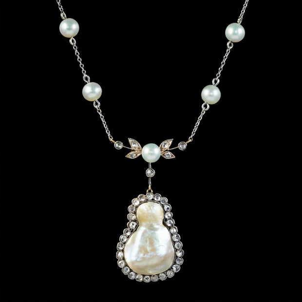 Art Deco Baroque Pearl Diamond Lavaliere Necklace 18ct Gold 2ct Of Diamond