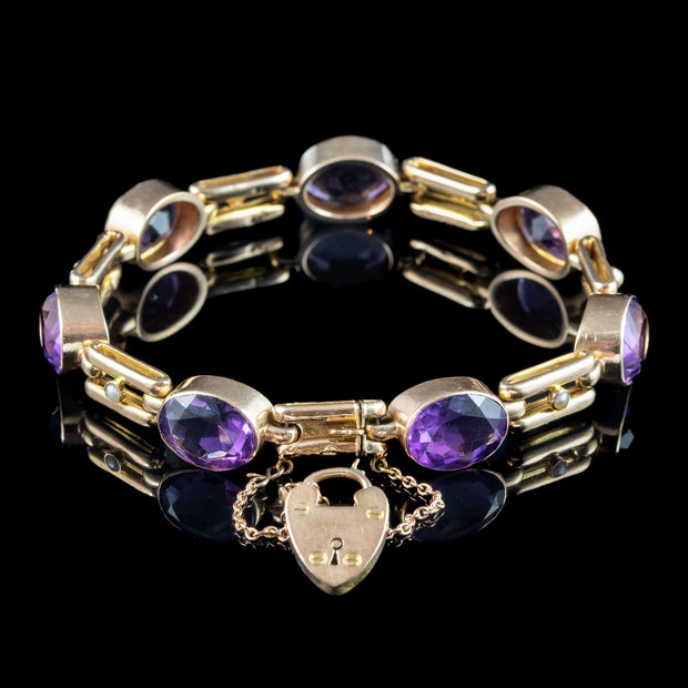 Antique Art Deco Amethyst Pearl Bracelet 9ct Gold With Heart Padlock