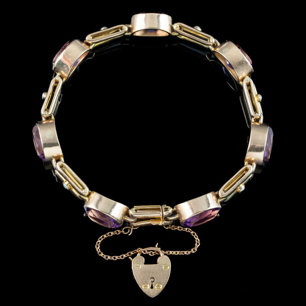 Antique Art Deco Amethyst Pearl Bracelet 9ct Gold With Heart Padlock