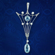 Antique Art Deco Aquamarine Pearl Diamond Pendant 15ct Gold Platinum