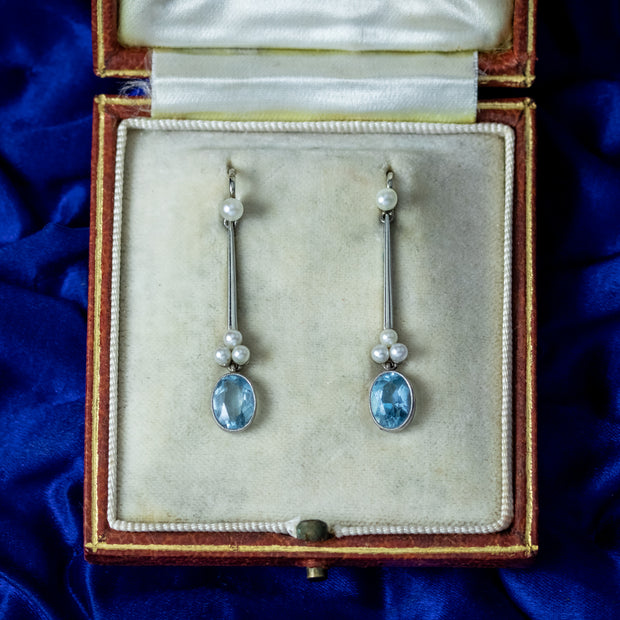 Antique Art Deco Aquamarine Pearl Drop Earrings With Box 