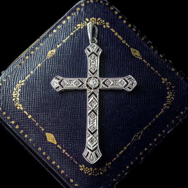 Antique Art Deco Diamond Cross Pendant 15ct Gold 0.20ct Diamond