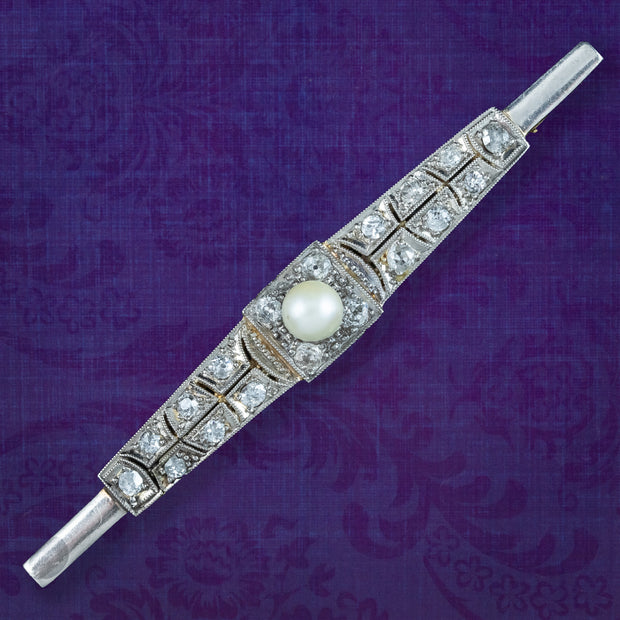 Antique Art Deco Diamond Pearl Bar Brooch 18ct Gold 1ct Of Diamond