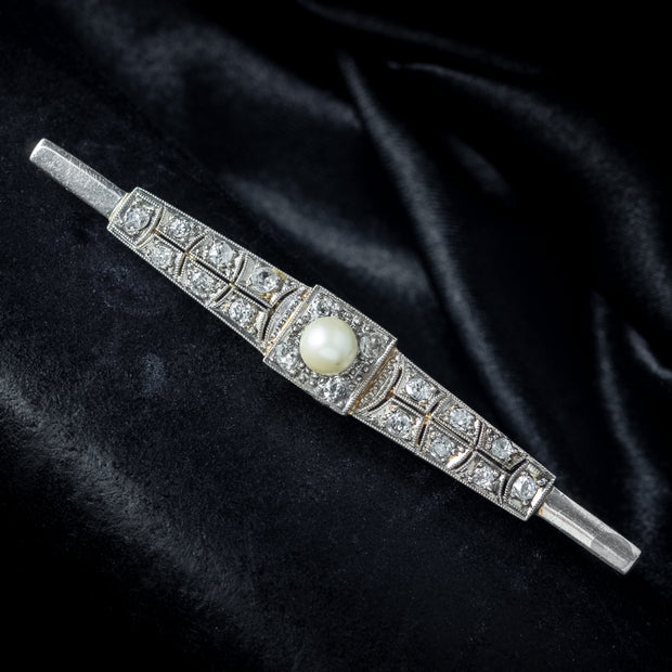 Antique Art Deco Diamond Pearl Bar Brooch 18ct Gold 1ct Of Diamond