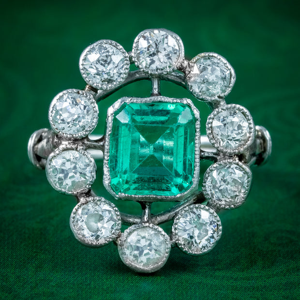 Antique Art Deco Emerald Diamond Cluster Ring 1.7ct Emerald 