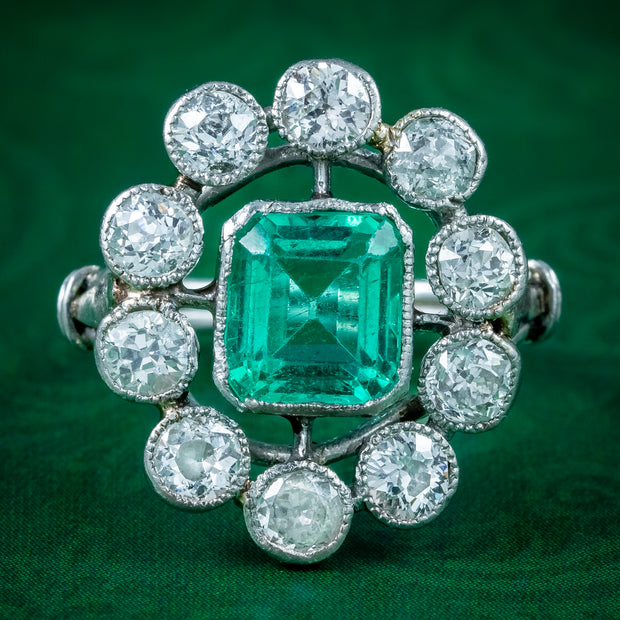 Antique Art Deco Emerald Diamond Cluster Ring 1.7ct Emerald 