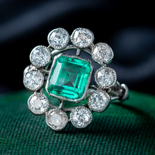 Antique Art Deco Emerald Diamond Cluster Ring 1.7ct Emerald 