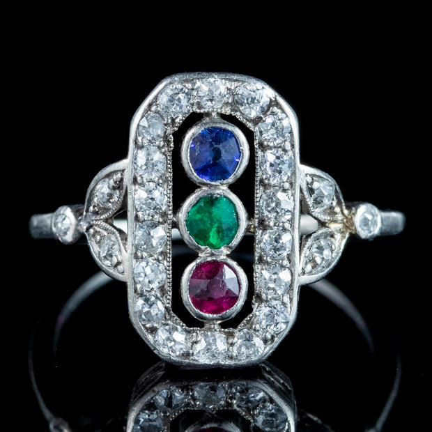 Antique Art Deco Emerald Ruby Topaz Diamond Cluster Ring