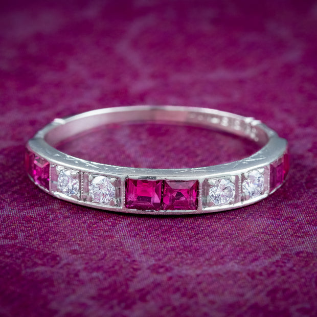 Antique Art Deco Ruby Diamond Half Eternity Band Ring 