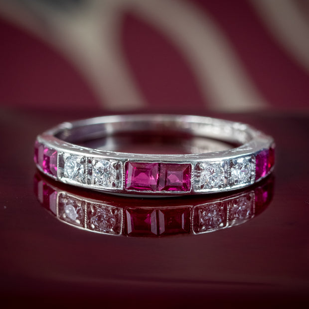 Antique Art Deco Ruby Diamond Half Eternity Band Ring 