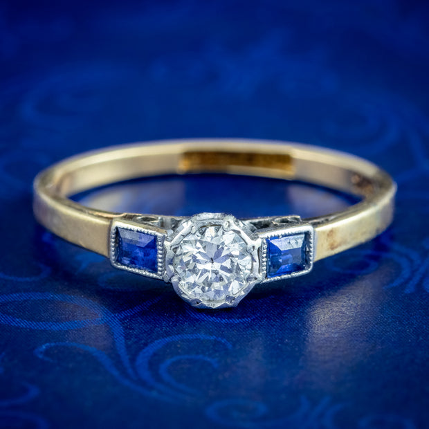 Antique Art Deco Diamond Sapphire Trilogy Ring 0.30ct Diamond