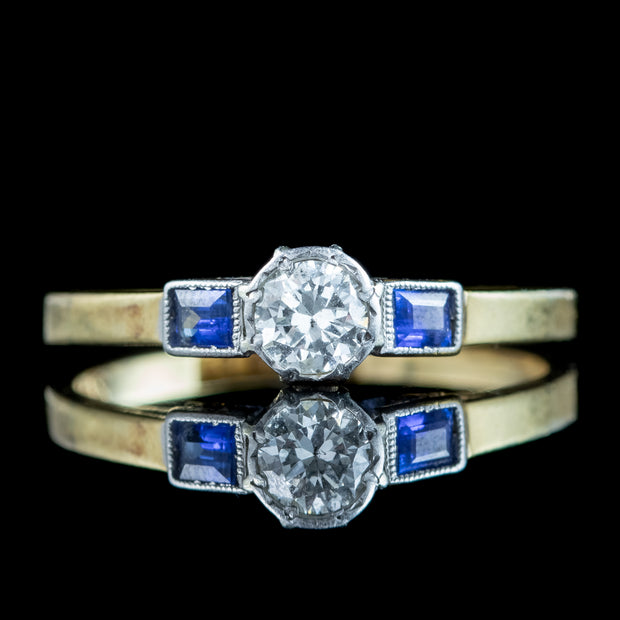 Antique Art Deco Diamond Sapphire Trilogy Ring 0.30ct Diamond