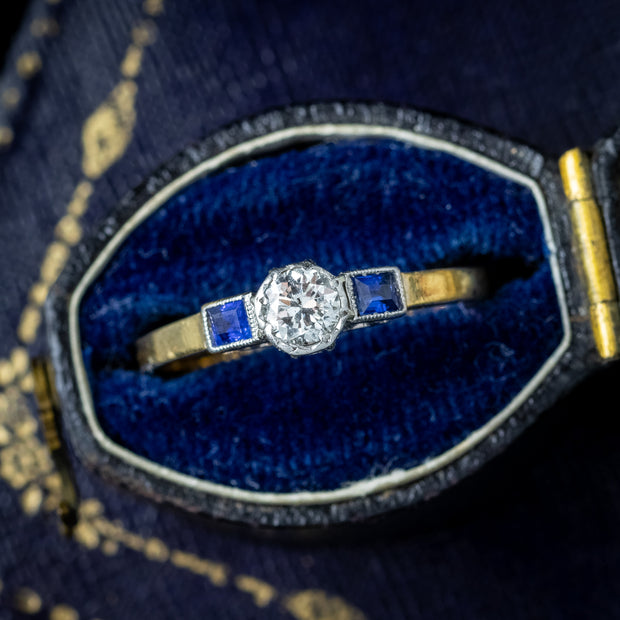 Antique Art Deco Diamond Sapphire Trilogy Ring 0.30ct Diamond