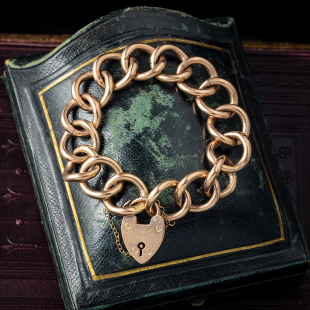 Antique Edwardian 9ct Gold Curb Bracelet With Heart Padlock Dated 1906