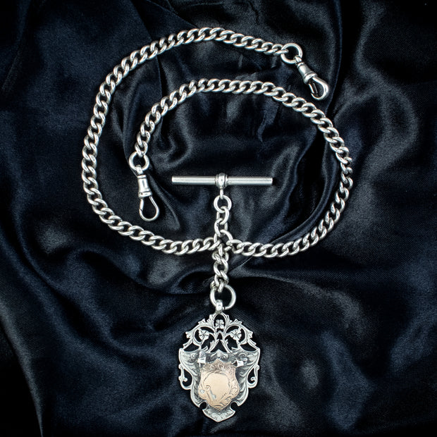 Antique Edwardian Albert Chain Sterling Silver With Medallion Dated 1905