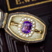 Antique Edwardian Amethyst Pearl Cluster Ring Dated 1909