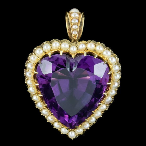 Antique Edwardian Amethyst Pearl Heart Pendant 18ct Gold Dated 1902