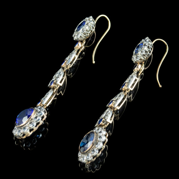 Antique Edwardian Blue Paste Flower Drop Earrings 15ct Gold With Box