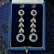 Antique Edwardian Blue Paste Flower Drop Earrings 15ct Gold With Box