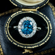Antique Edwardian Blue Zircon Diamond Cluster Ring 3.5ct Zircon 