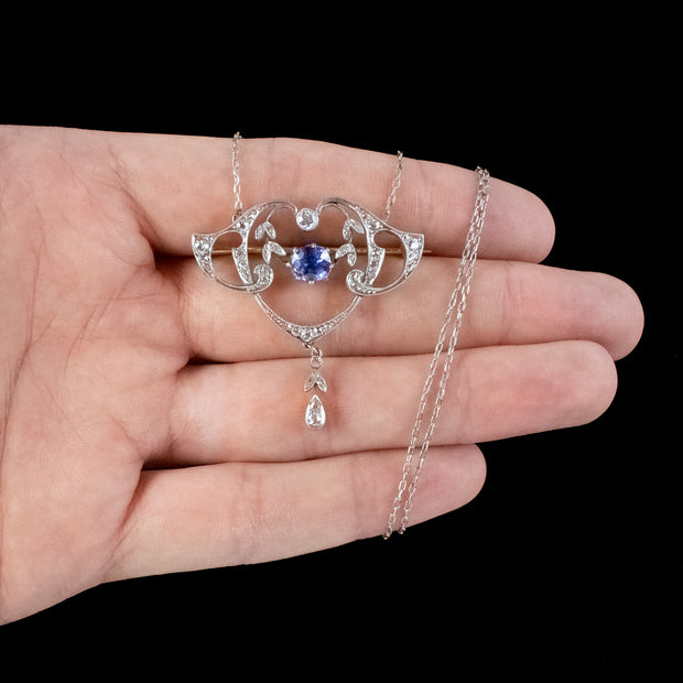 Antique Edwardian Ceylon Sapphire Diamond Lavaliere Pendant Necklace With Cert