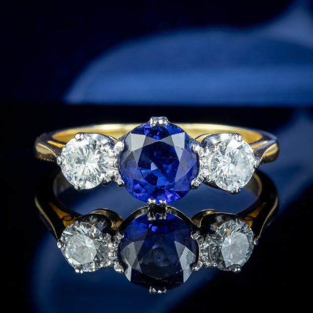 Antique Edwardian Ceylon Sapphire Diamond Trilogy Ring 1.51ct Sapphire With Certs