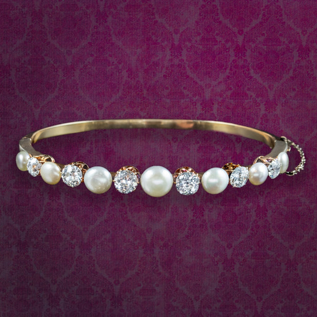 Antique Edwardian Diamond Pearl Bangle 18ct Gold 3.5ct Diamond