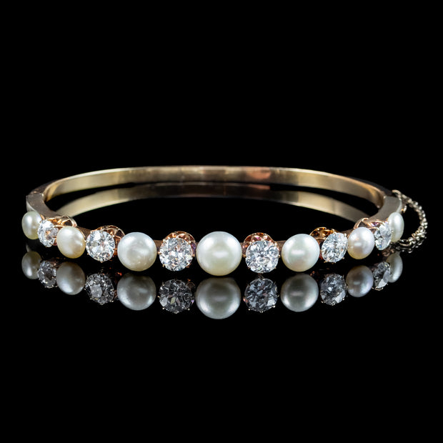 Antique Edwardian Diamond Pearl Bangle 18ct Gold 3.5ct Diamond