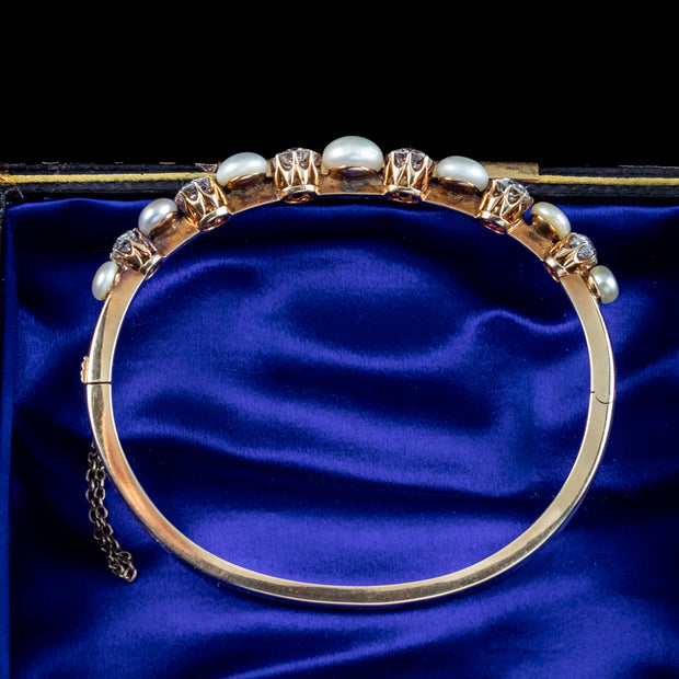 Antique Edwardian Diamond Pearl Bangle 18ct Gold 3.5ct Diamond