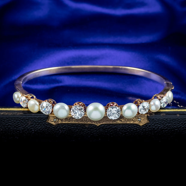 Antique Edwardian Diamond Pearl Bangle 18ct Gold 3.5ct Diamond