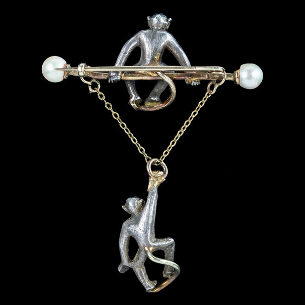 Antique Edwardian Diamond Pearl Monkey Brooch 