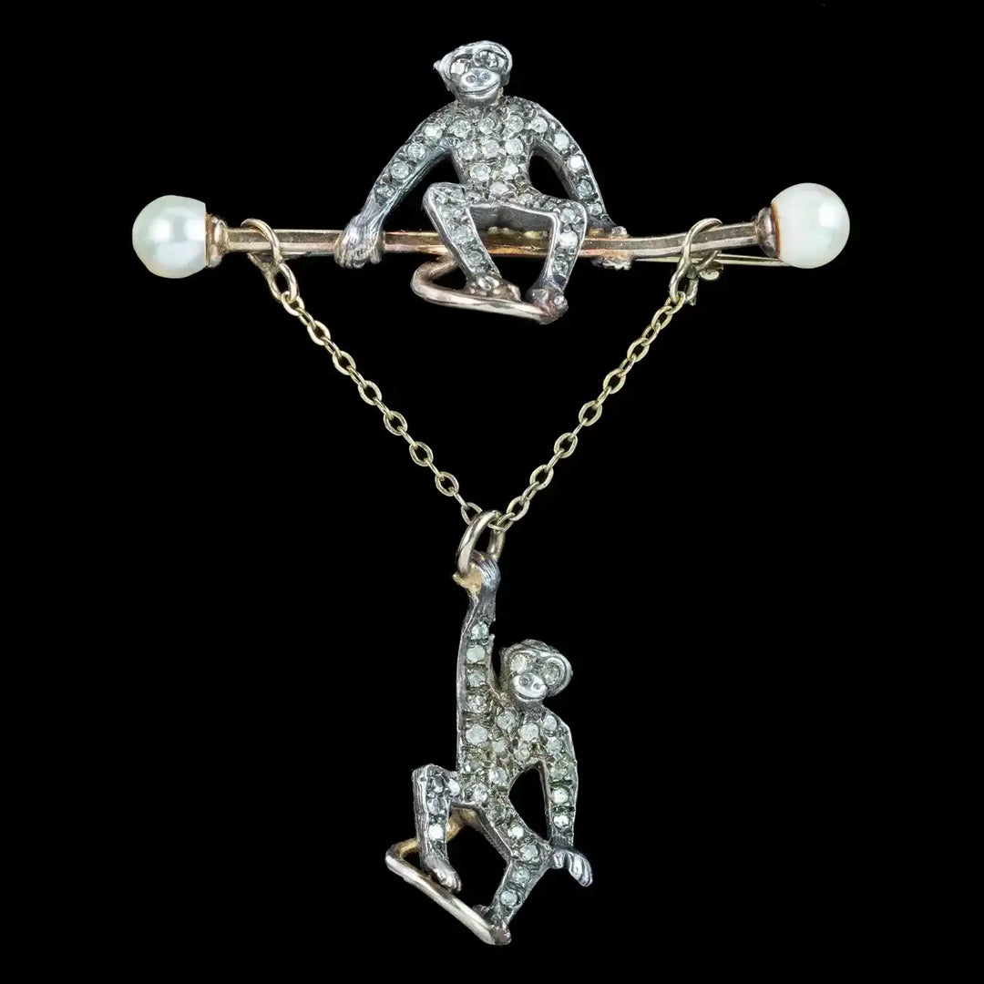 Edwardian Diamond Pearl Monkey Brooch | – Laurelle Antique Jewellery