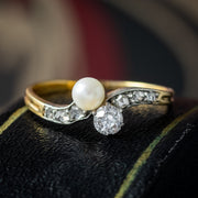 Antique Edwardian Diamond Pearl Toi Et Moi Twist Ring 