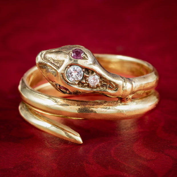 Antique Edwardian Diamond Snake Ring With Ruby Eyes