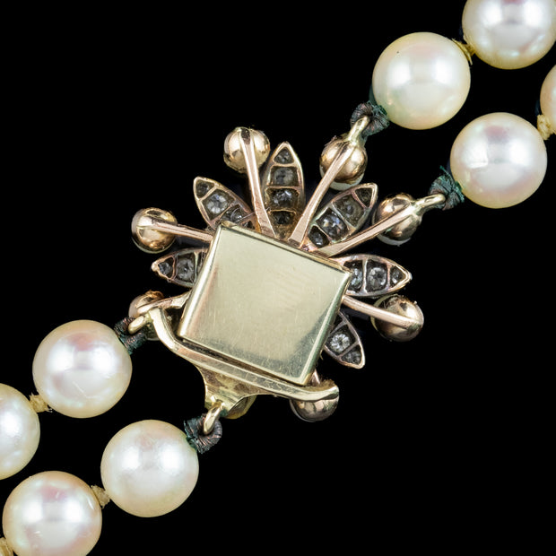 Antique Edwardian Double Strand Pearl Necklace Diamond Clasp