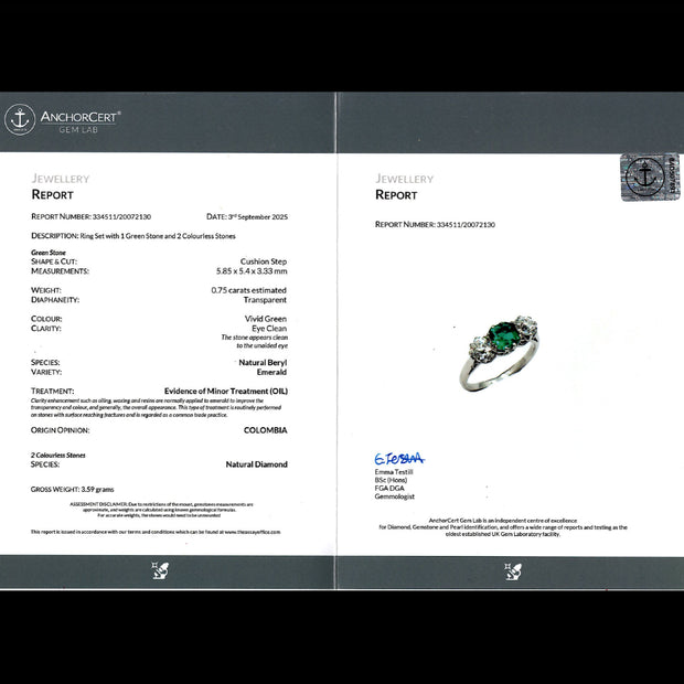 Antique Edwardian Emerald Diamond Trilogy Ring 0.75ct Colombian Emerald With Cert