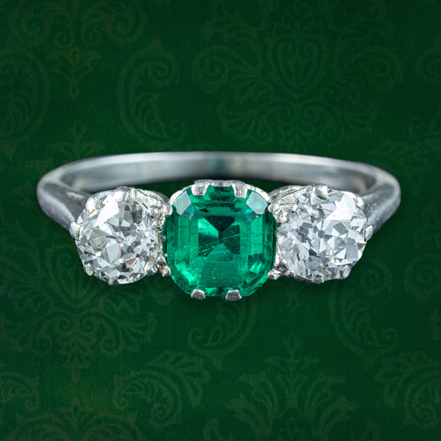 Antique Edwardian Emerald Diamond Trilogy Ring 0.70ct Emerald 