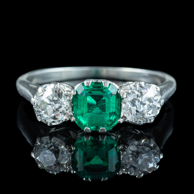 Antique Edwardian Emerald Diamond Trilogy Ring 0.70ct Emerald 