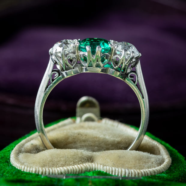 Antique Edwardian Emerald Diamond Trilogy Ring 0.70ct Emerald 