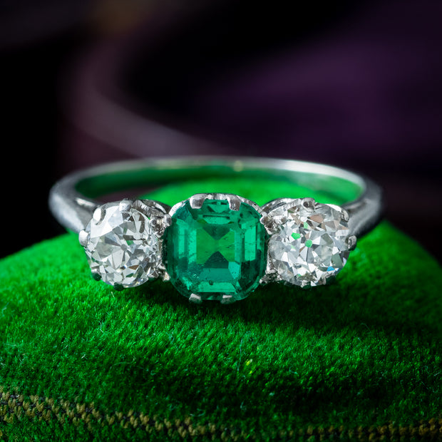 Antique Edwardian Emerald Diamond Trilogy Ring 0.70ct Emerald 