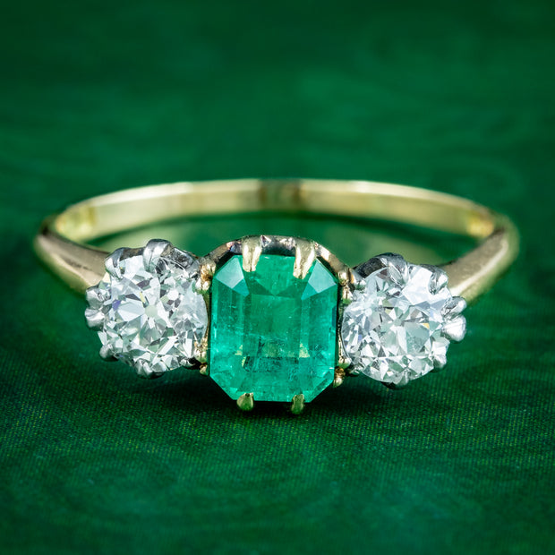 Antique Edwardian Emerald Diamond Trilogy Ring 0.75ct Emerald 